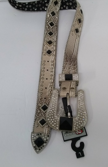 Nocona Western Womens Belt Leather Beige Croc Stud Onyx Rhinestones 44\